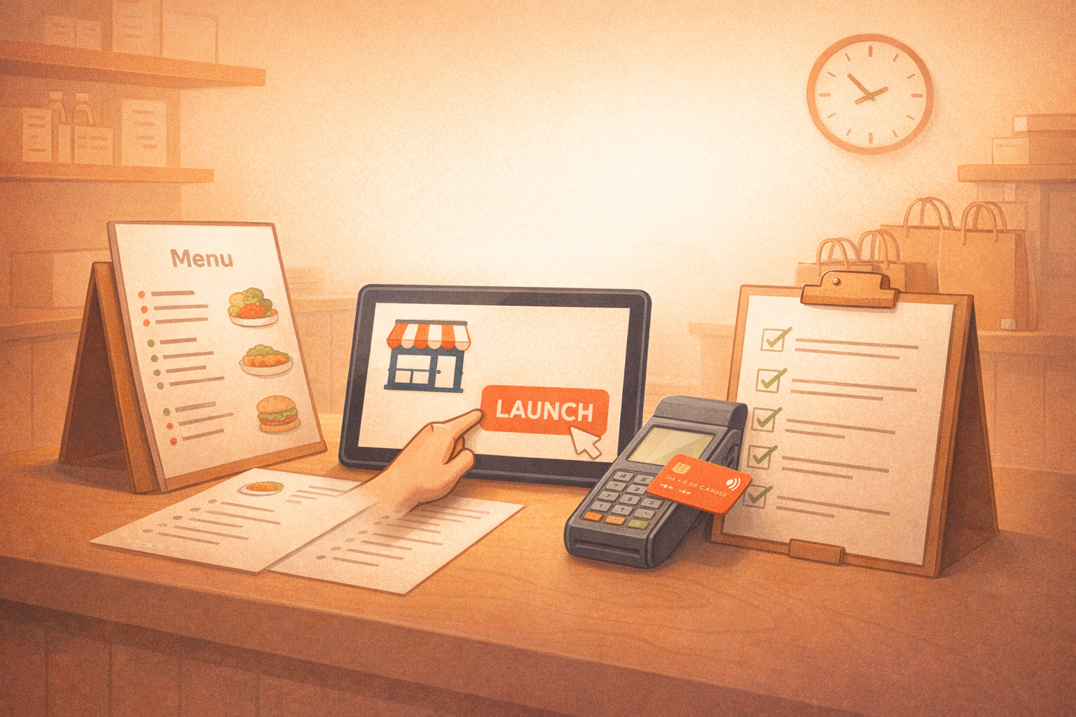 Warm editorial illustration of a restaurant launch setup with a tablet storefront, checklist, menu board, and payment terminal.