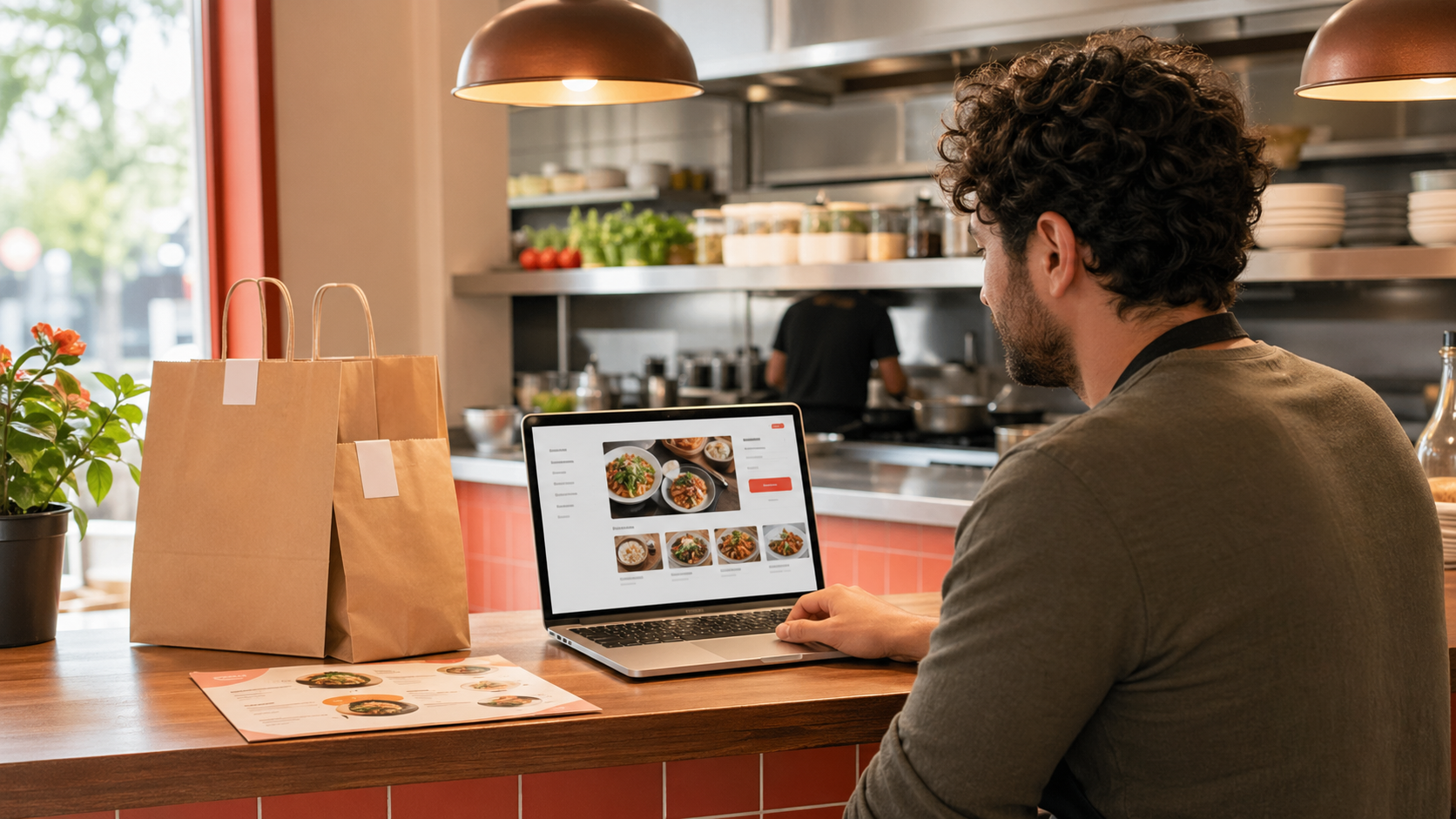 Warm editorial restaurant counter scene showing an owner reviewing a direct online ordering page on a laptop beside takeout bags and a printed menu.