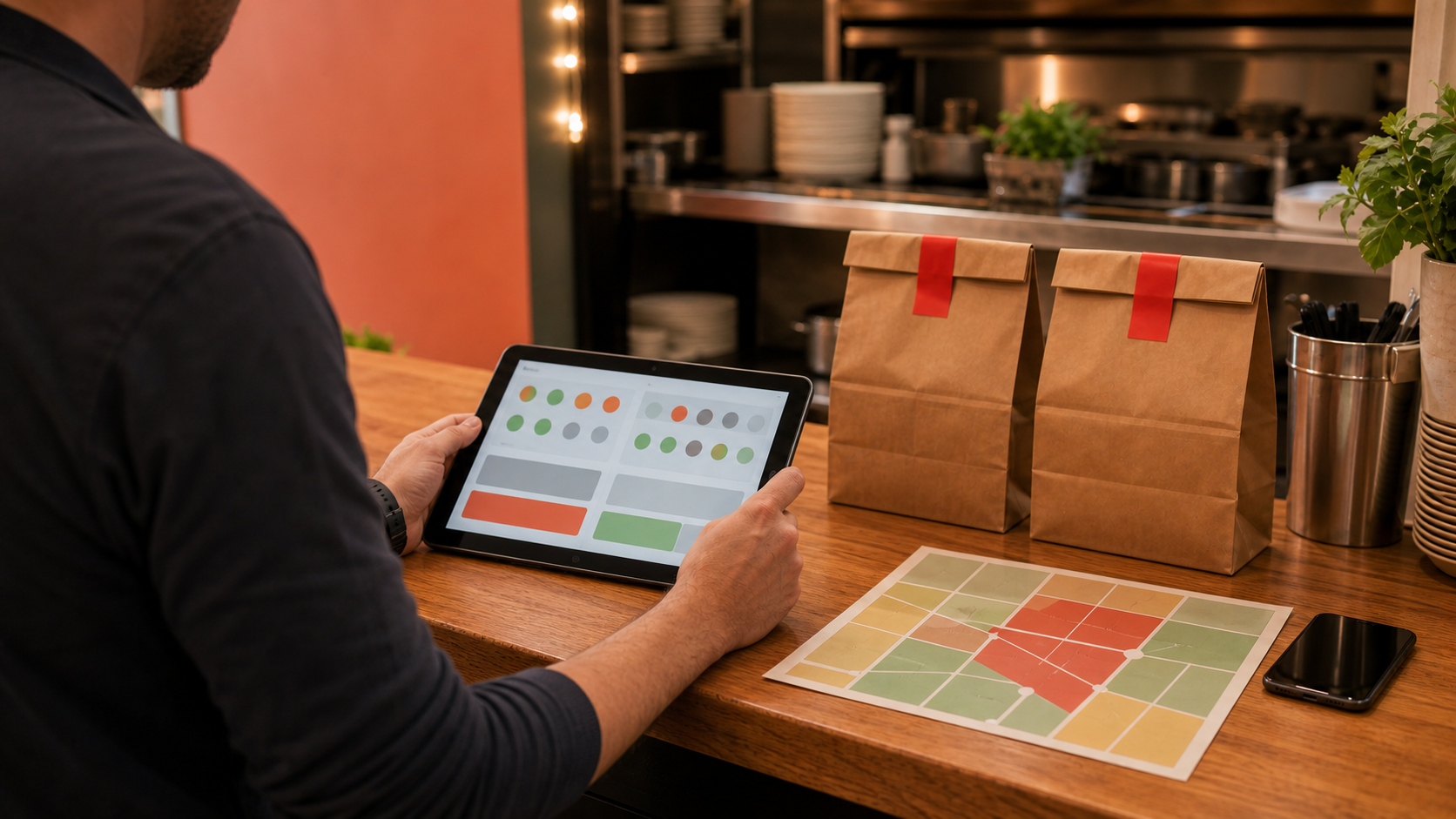 Warm restaurant pickup counter scene with a manager reviewing delivery availability on a tablet beside packed takeout bags and a compact neighborhood map.