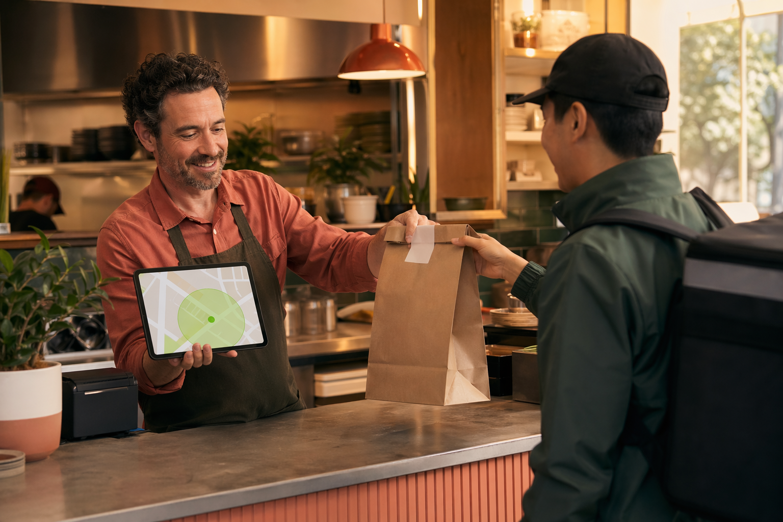 Warm editorial restaurant scene showing a tight delivery map, order tablet, and driver handoff near the counter.