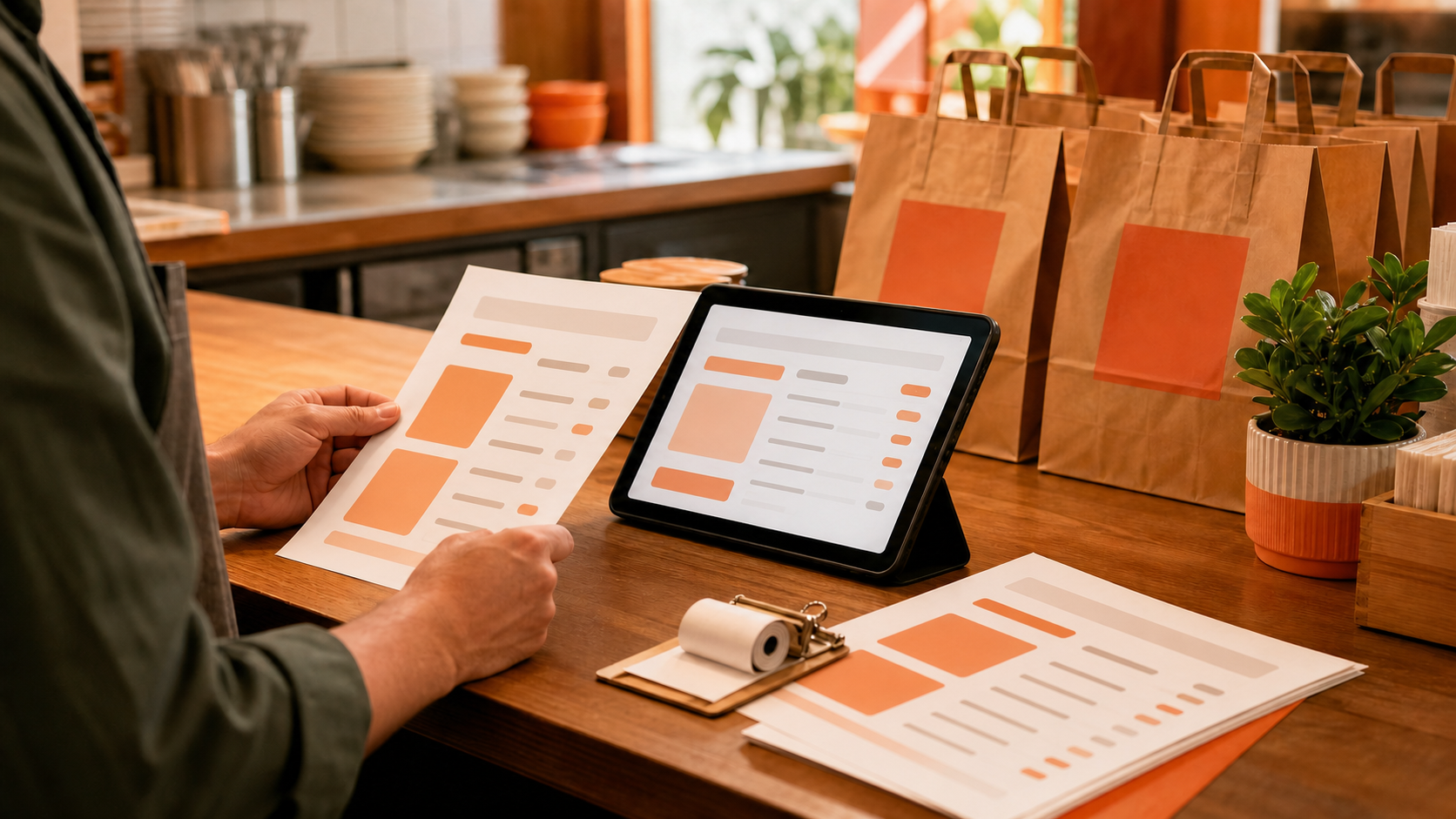 Warm editorial restaurant counter scene showing an owner comparing direct online ordering menu prices on a tablet beside printed menus, receipts, and neatly packed takeout orders.