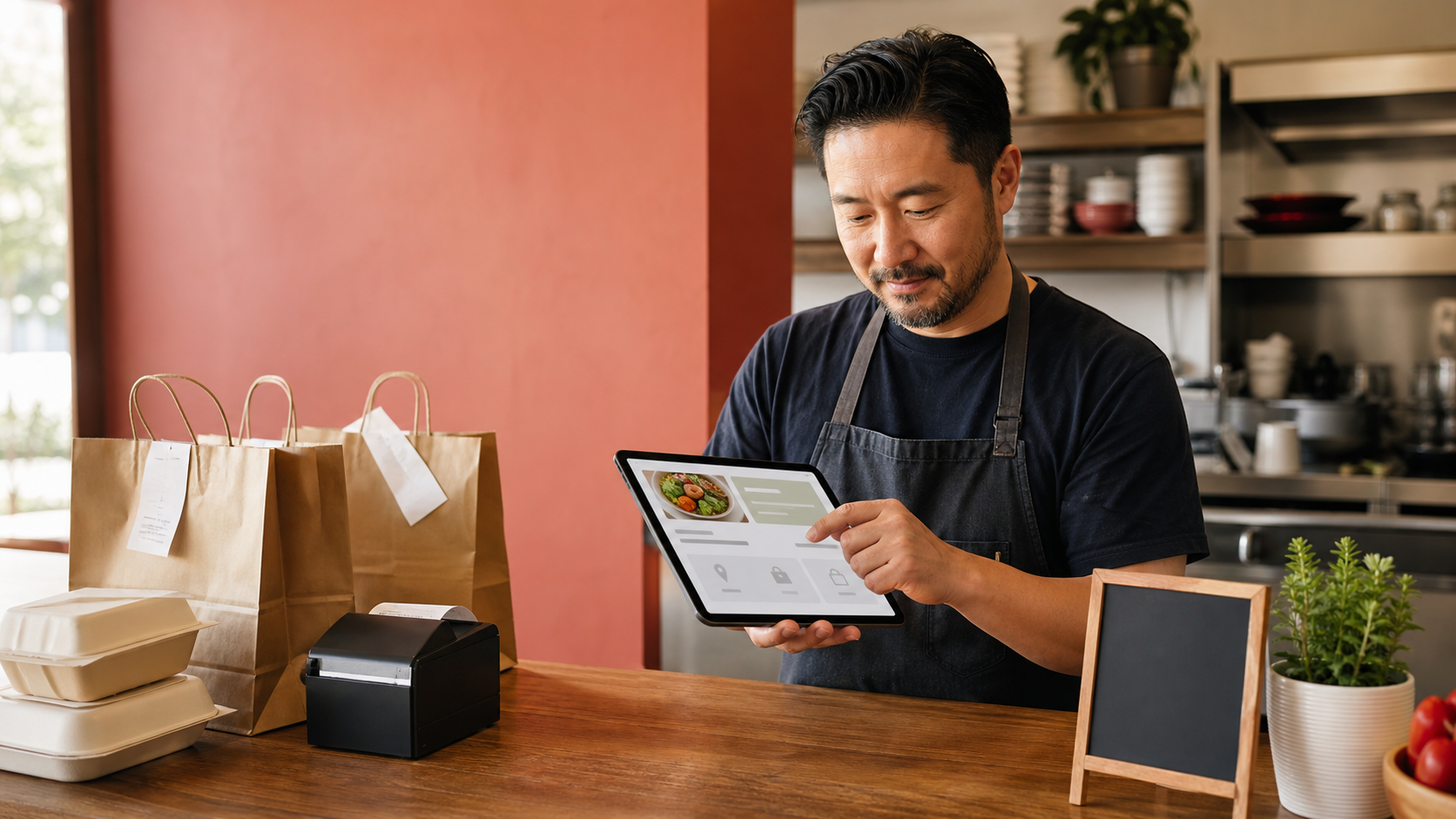Warm restaurant counter scene showing an owner reviewing a direct ordering link on a tablet beside takeout bags and a receipt printer.