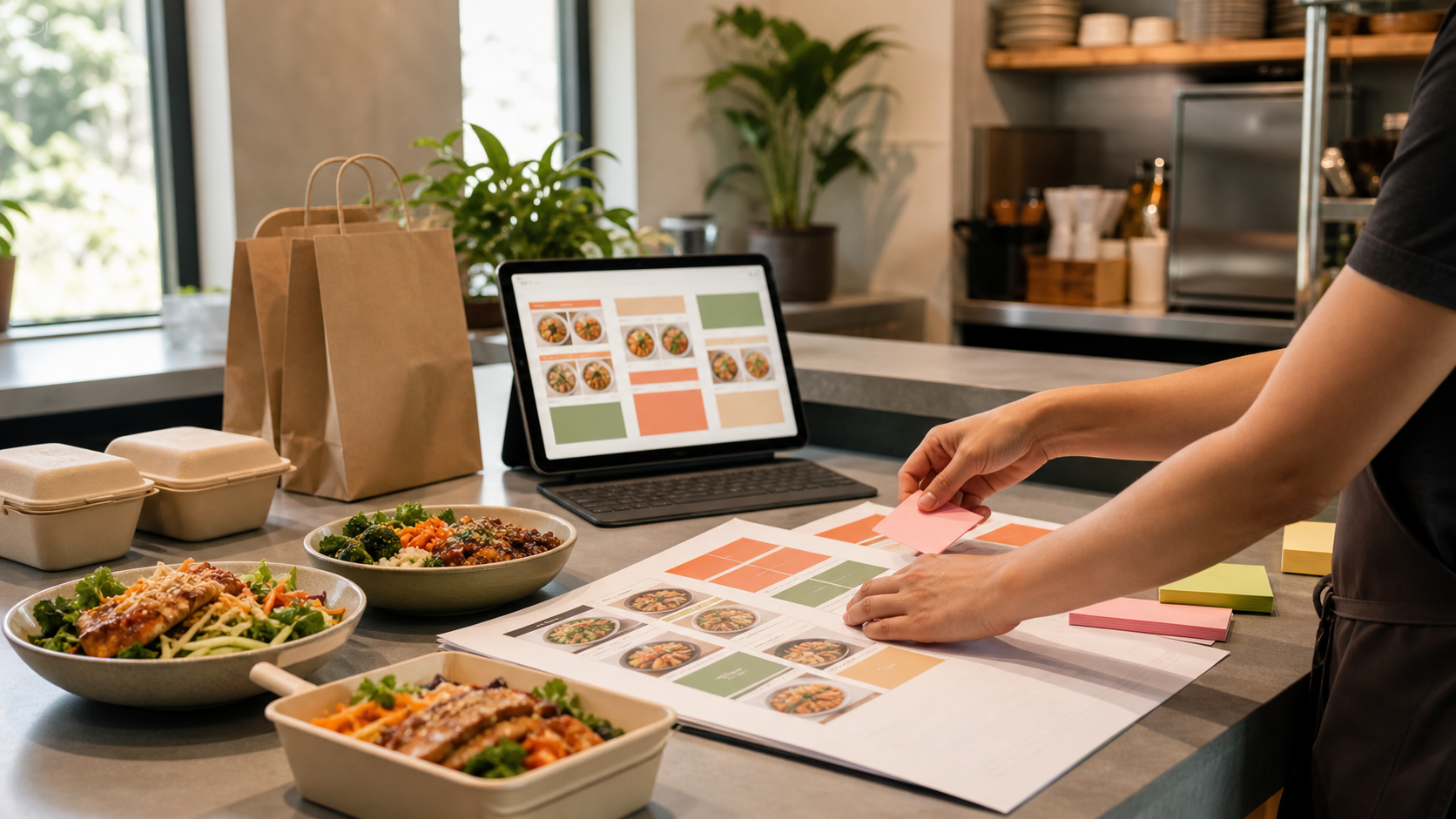 Warm editorial restaurant counter scene showing an operator organizing online menu category layouts beside prepared bowls, takeout bags, and a tablet ordering page.