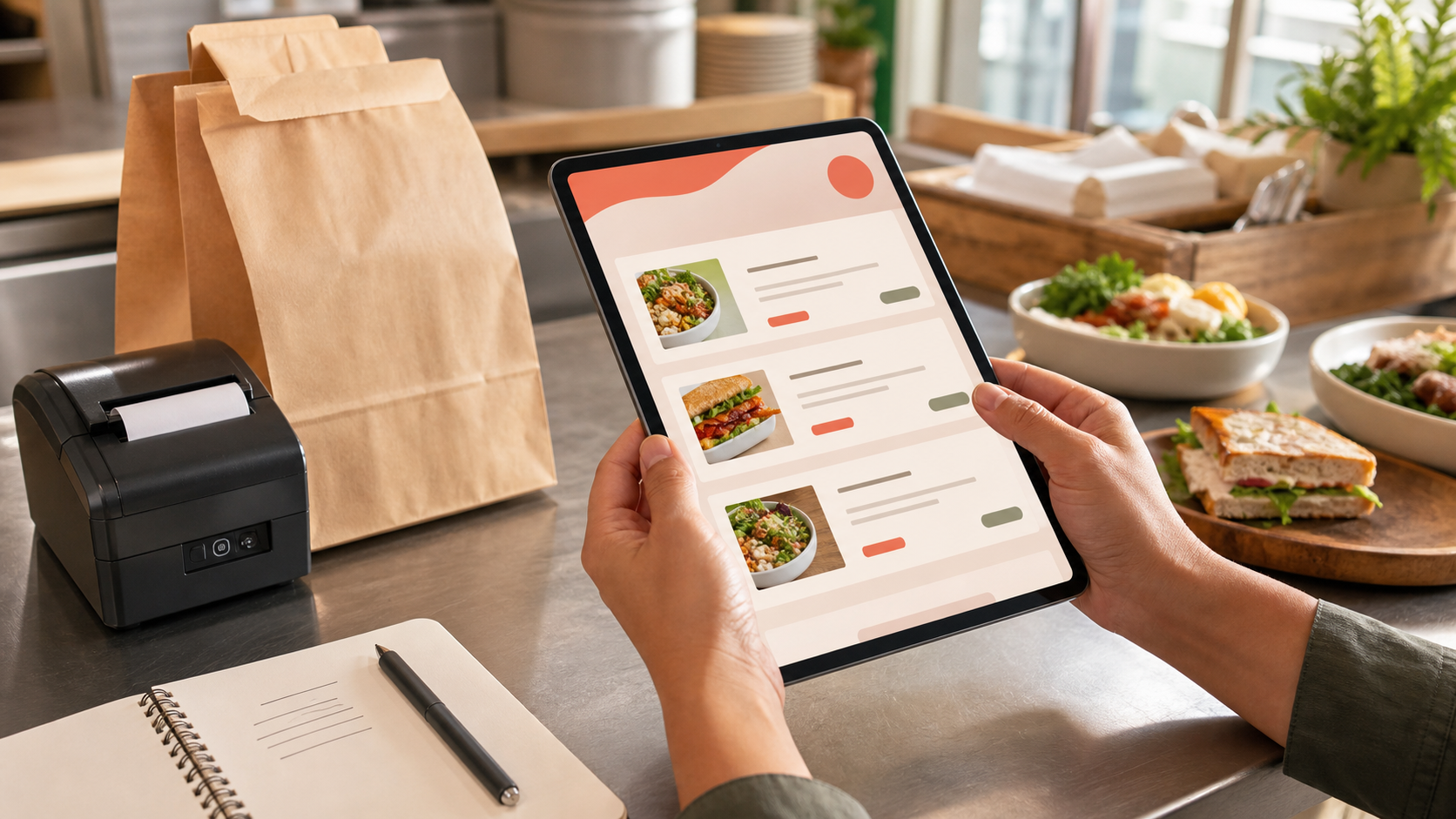 Warm restaurant counter scene showing an operator reviewing online menu item descriptions on a tablet beside takeout bags, bowls, and a receipt printer.