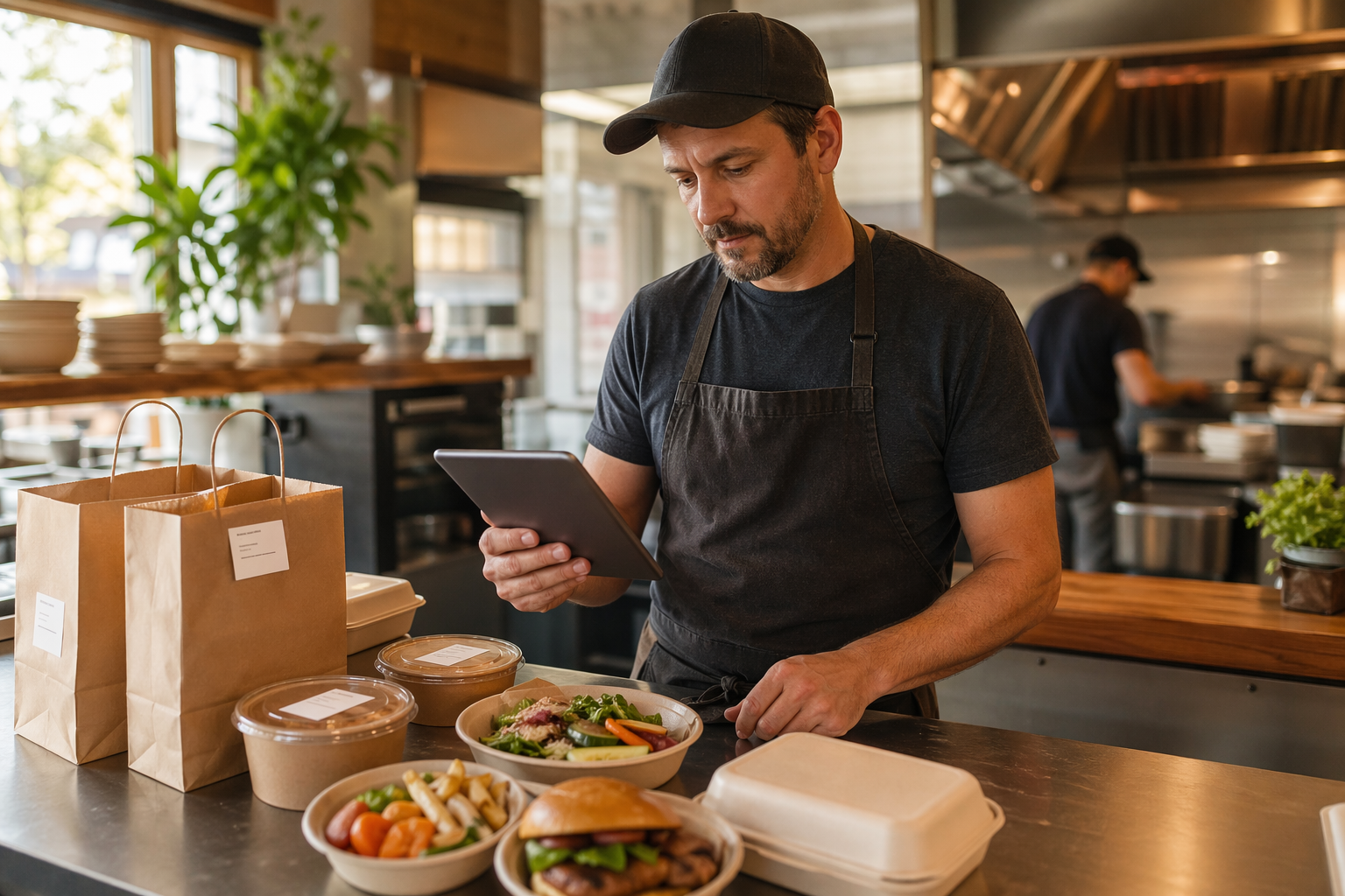 Warm editorial restaurant scene showing a restaurant manager reviewing online menu modifiers on a tablet beside labeled takeout dishes.