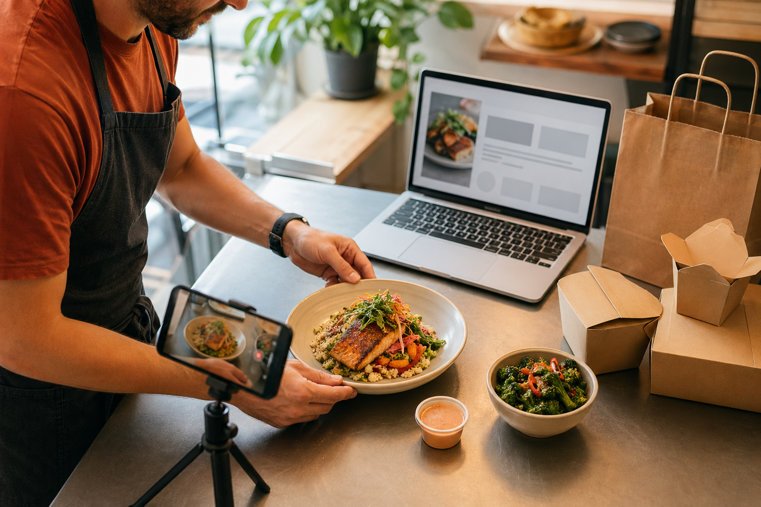 Warm editorial restaurant counter scene showing an operator photographing plated menu items beside takeout packaging and a laptop ordering page.