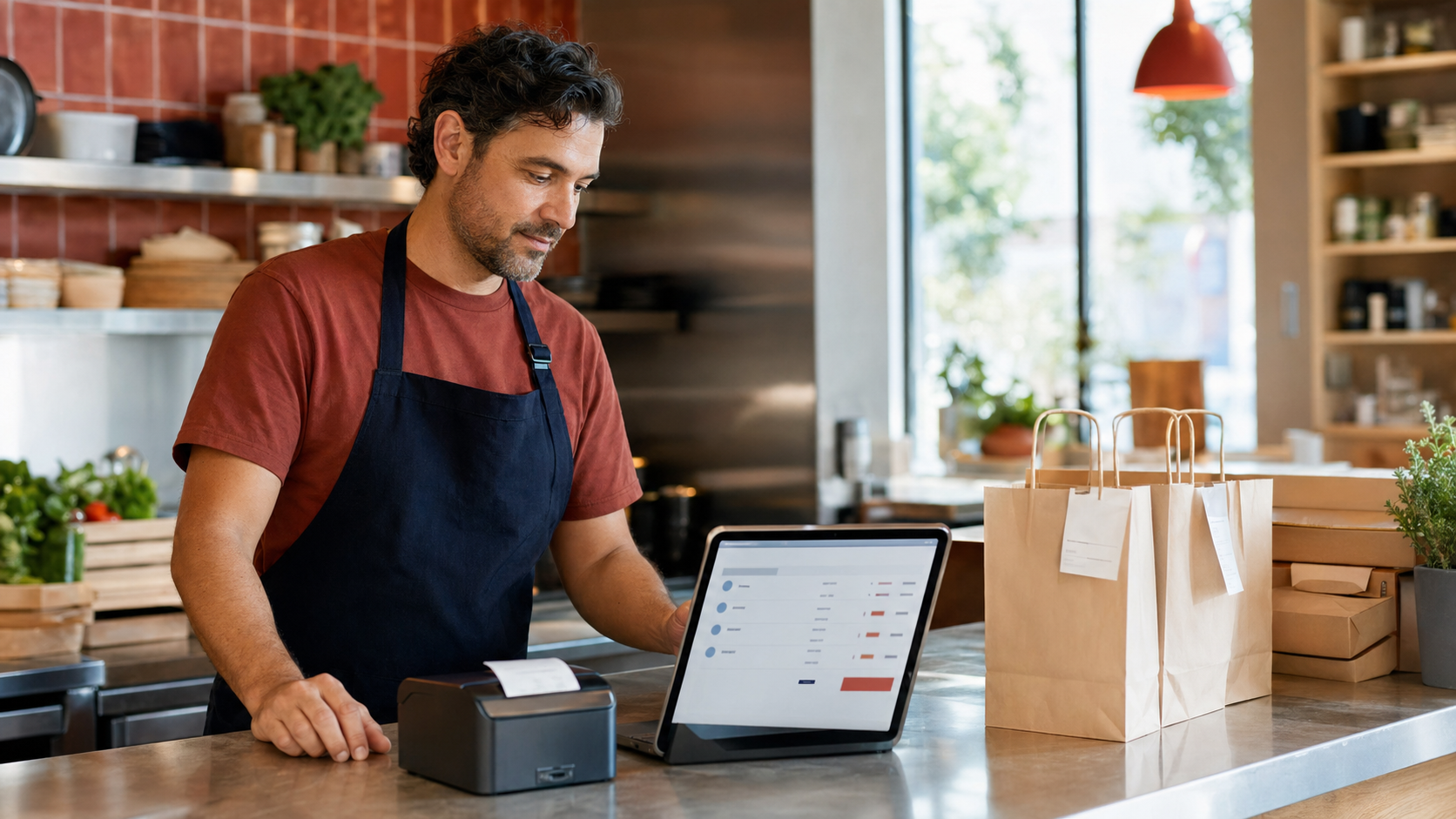 Warm editorial restaurant scene showing an owner reviewing online order totals beside labeled takeout bags and a counter-service checkout setup.