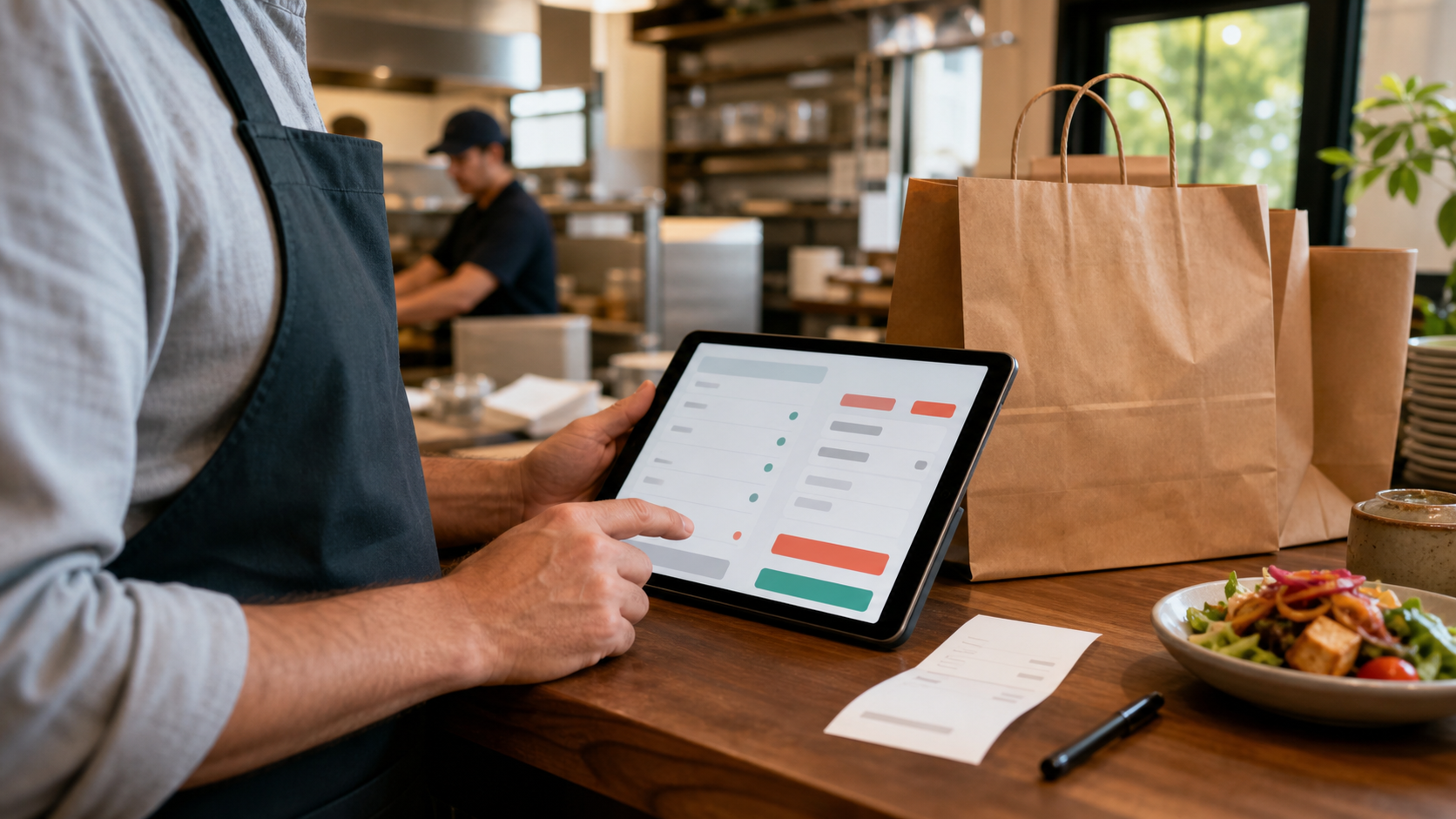 Warm editorial restaurant counter scene showing an owner reviewing transparent online ordering fees on a tablet beside packed takeout bags and a printed receipt.