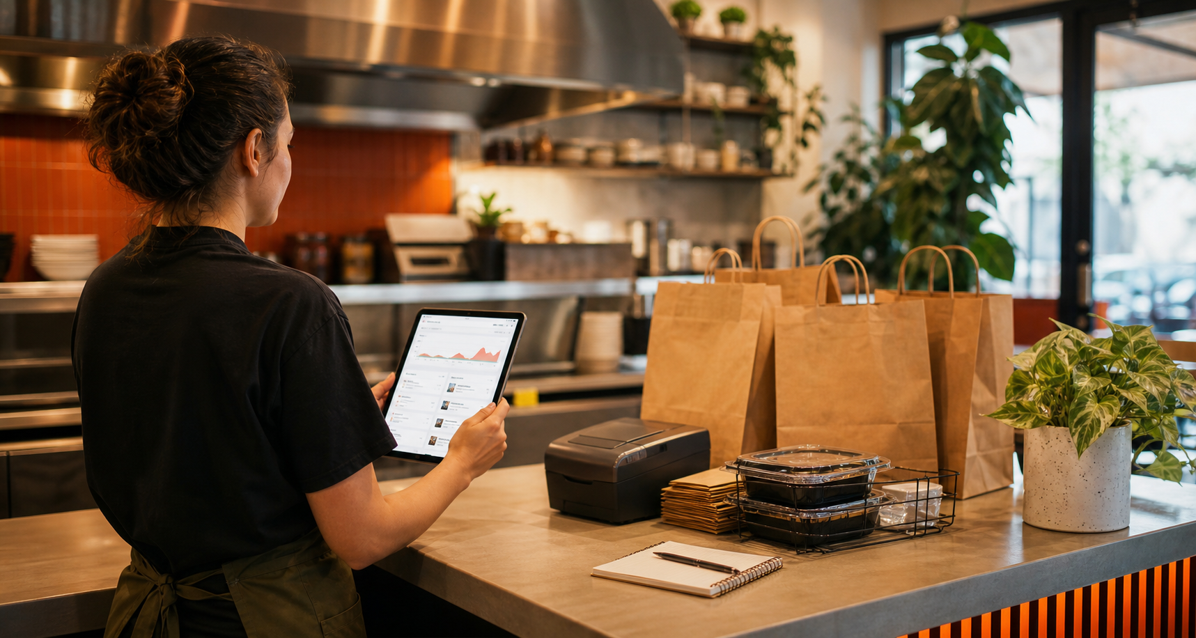 Warm editorial restaurant counter scene showing a manager reviewing a direct online ordering dashboard on a tablet beside takeout bags, a receipt printer, and a checklist notebook.