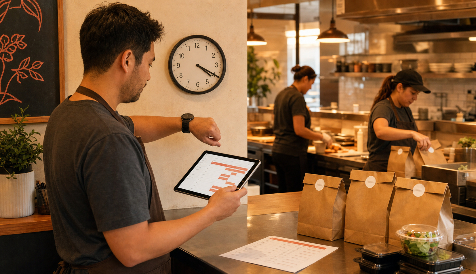 Warm editorial restaurant counter scene showing a manager checking online ordering time blocks on a tablet near a wall clock while takeout bags are prepared.