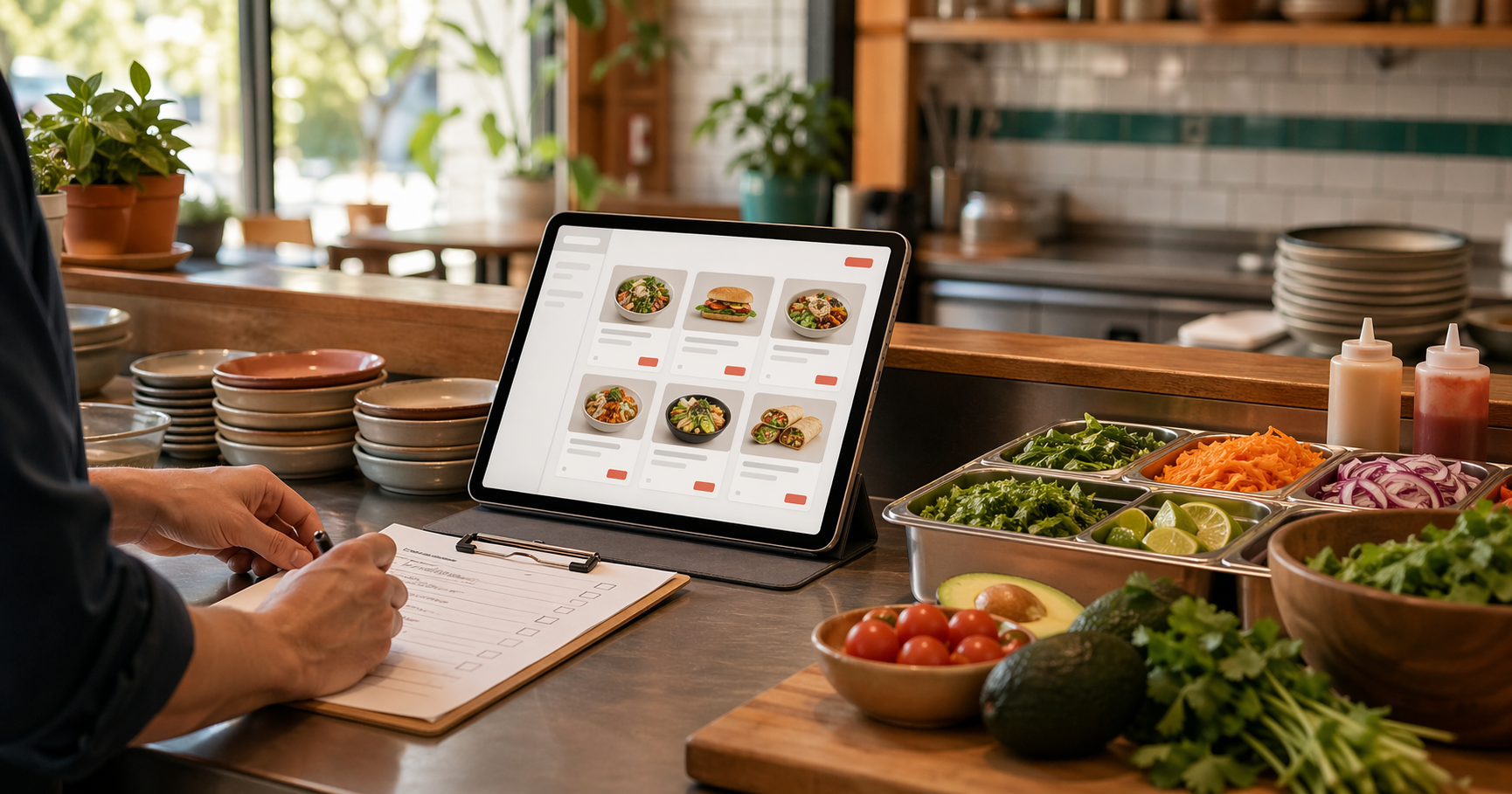Warm editorial restaurant scene showing a manager reviewing an online ordering menu checklist beside a tablet and prep counter.