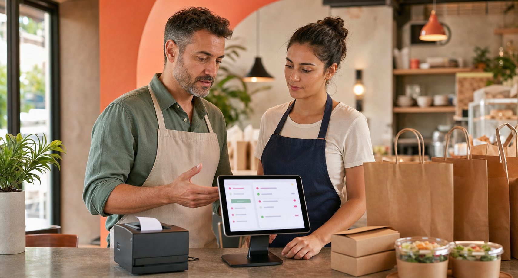 Warm restaurant counter scene showing a manager and staff member reviewing an online order support issue on a tablet beside takeout bags and a receipt printer.
