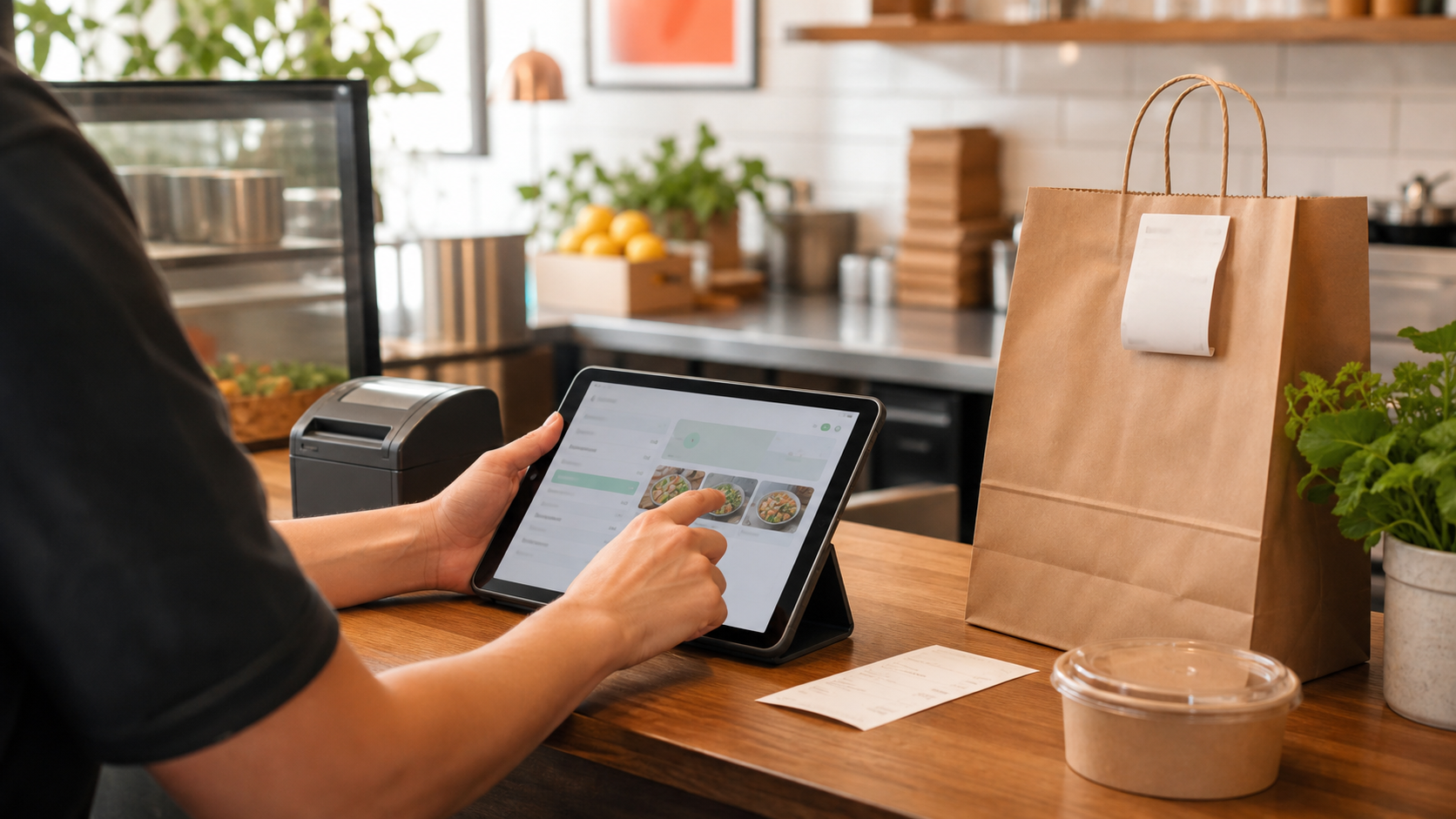 Warm restaurant counter scene showing an operator reviewing a test online order on a tablet beside a takeout bag, receipt printer, and order ticket.