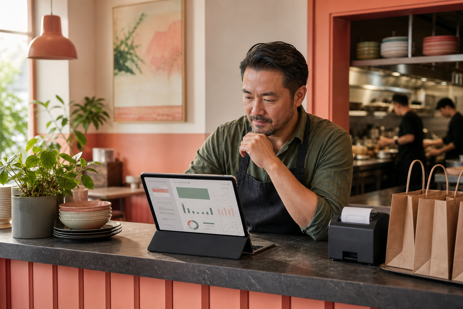 Warm restaurant counter scene showing a manager reviewing payout charts on a tablet beside takeout bags and a receipt printer.