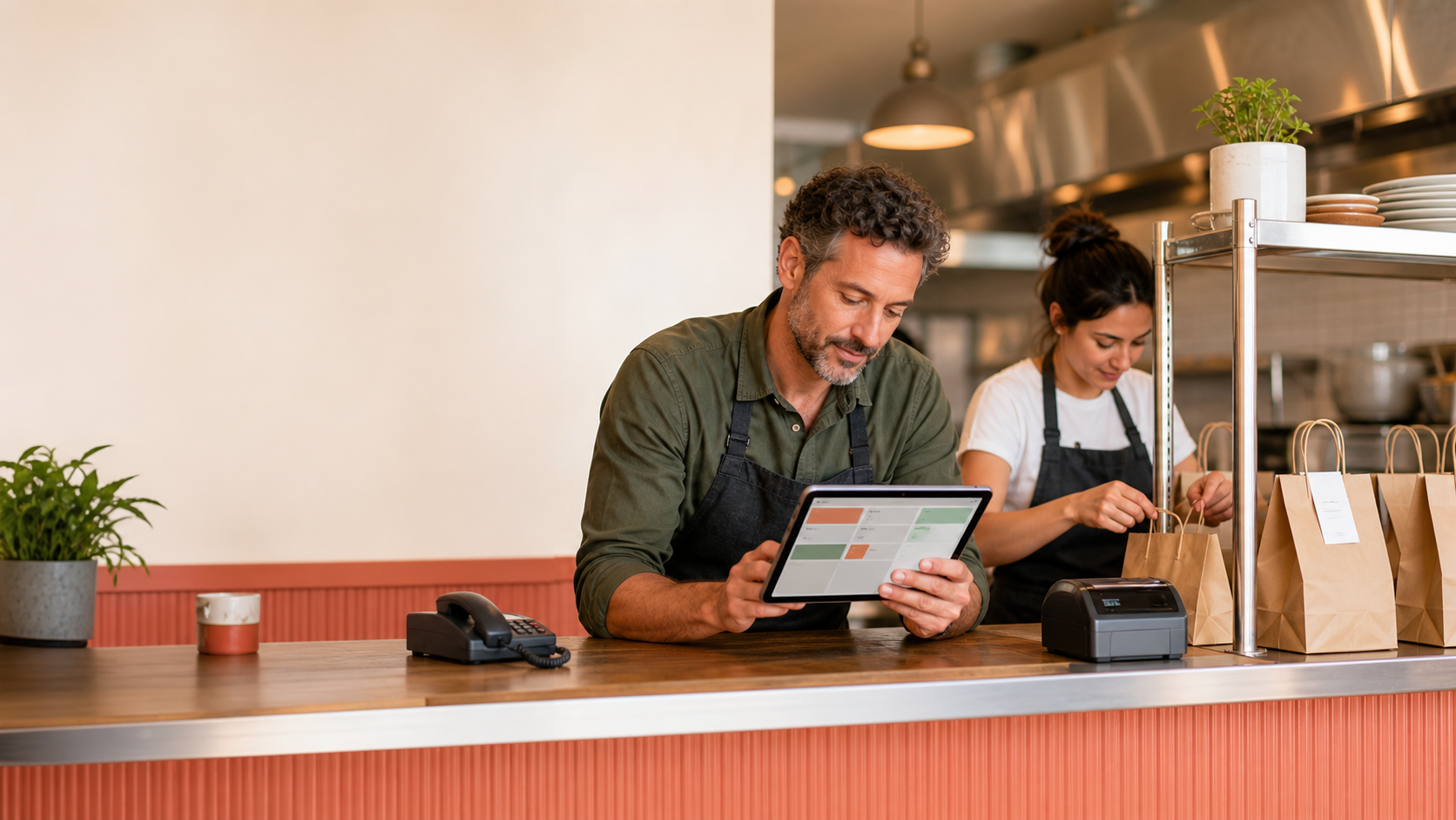 Warm independent restaurant counter scene showing a manager reviewing online orders on a tablet while takeout bags are prepared beside a quiet phone.