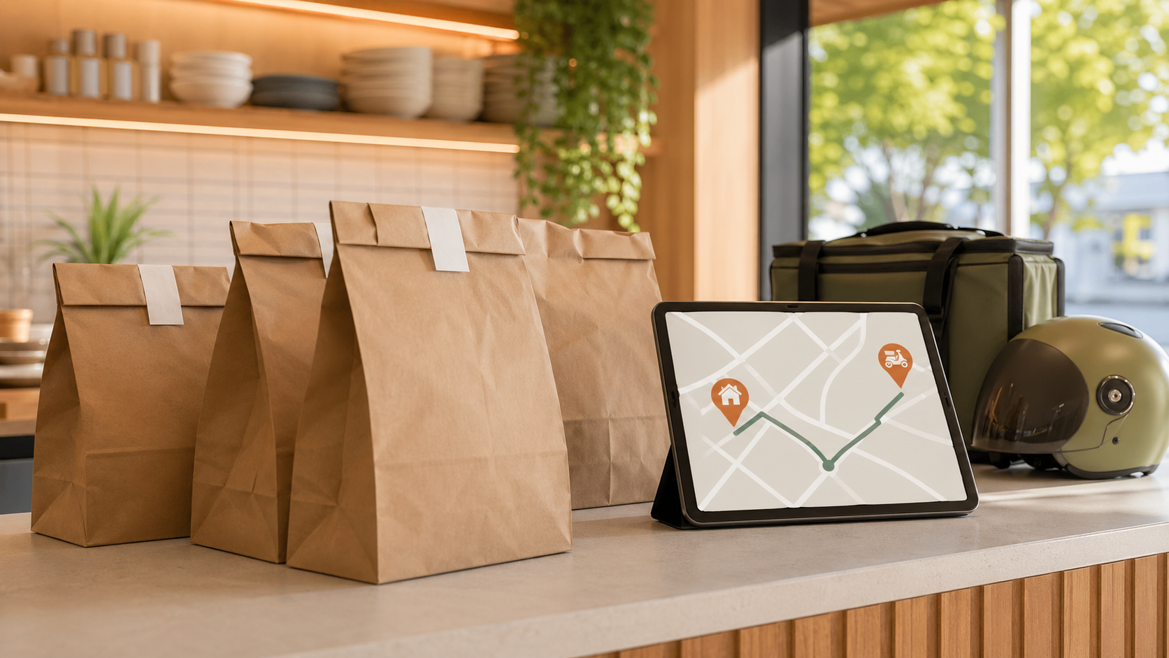Warm editorial restaurant counter scene showing pickup bags beside a tablet with a simple delivery route map and insulated delivery gear.