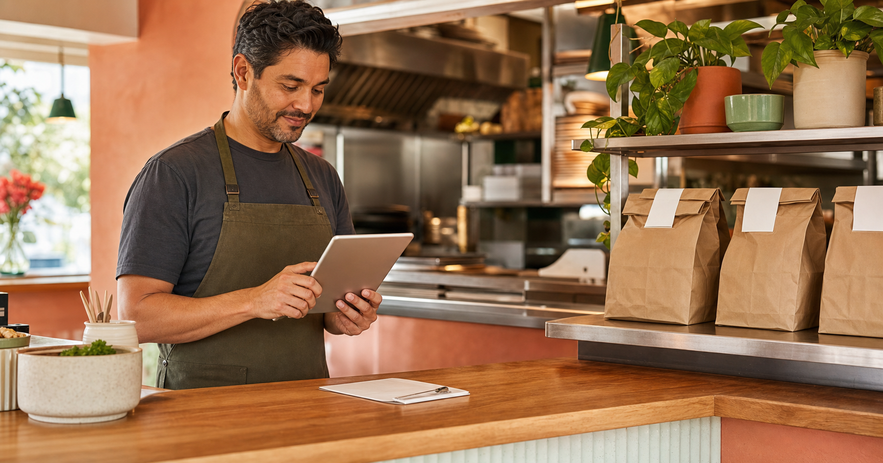 Warm editorial restaurant counter scene showing an owner reviewing online pickup orders on a tablet beside neatly arranged takeout bags on a pickup shelf.