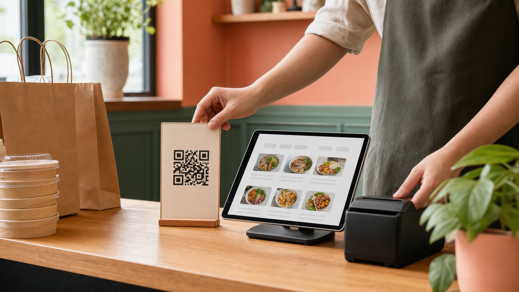 Warm restaurant counter scene showing an operator placing a QR code table tent beside a tablet with an online menu, takeout bags, and a receipt printer.