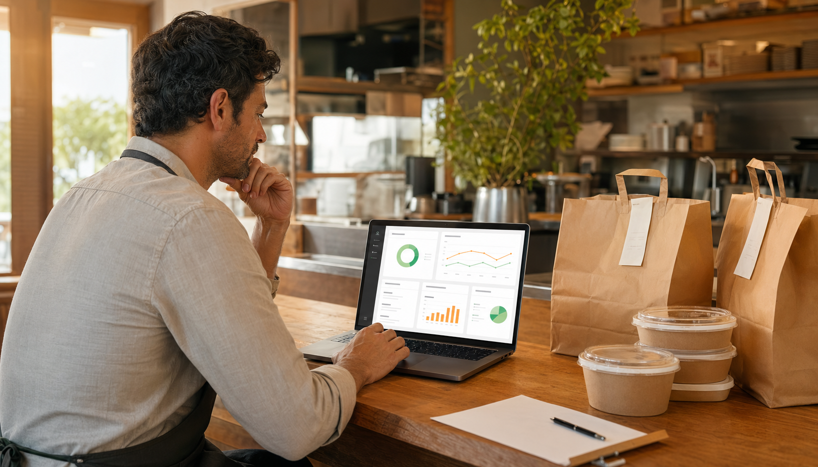 Warm editorial restaurant scene showing a restaurant manager reviewing refund and payout details on a laptop beside packed takeout bags.