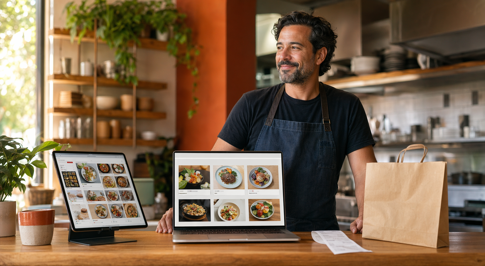 Warm editorial restaurant scene showing an owner comparing a marketplace tablet with a clean direct ordering laptop while packing takeout.