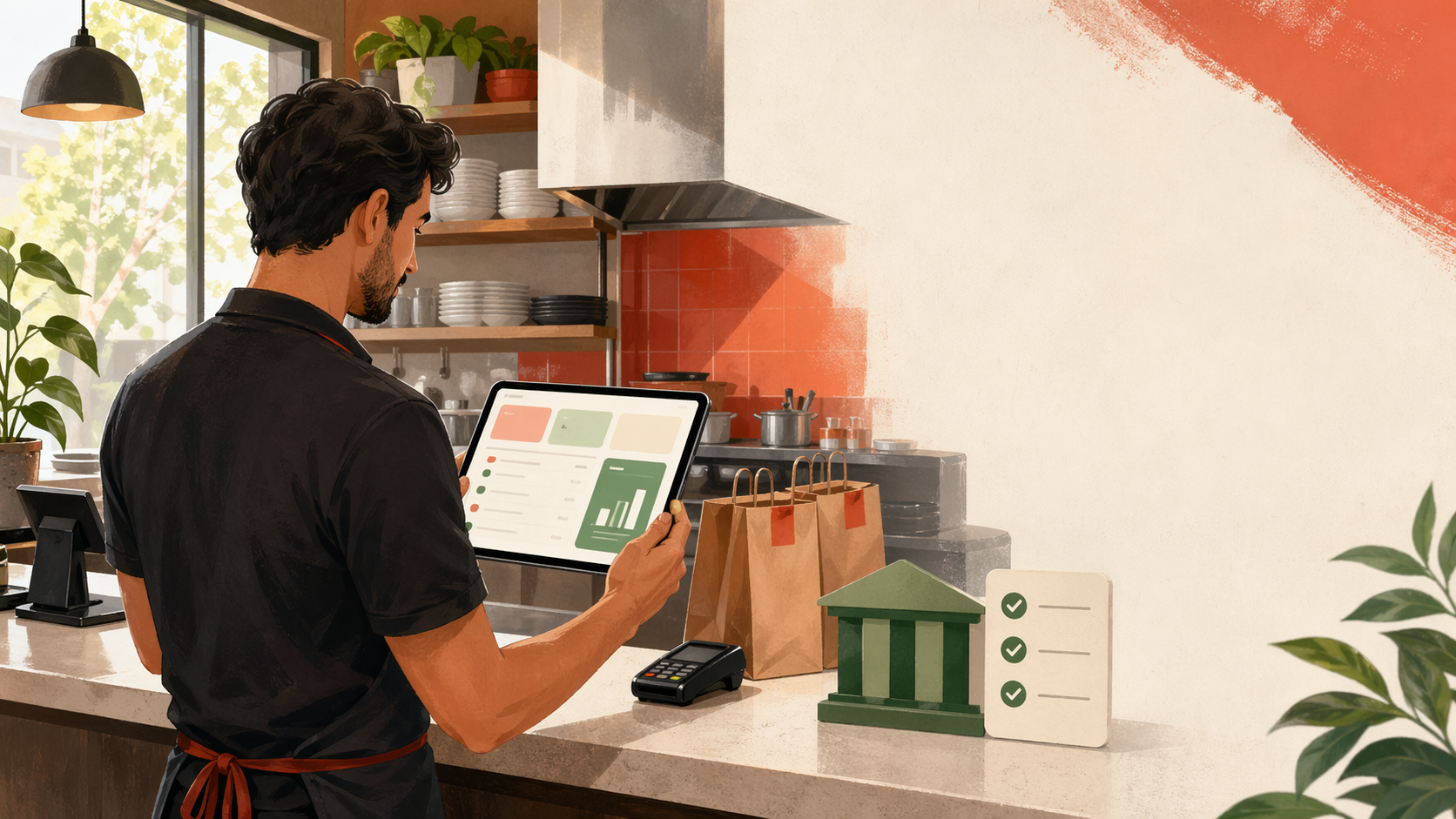 Warm restaurant counter illustration showing an owner reviewing an ordering dashboard and payout checklist on a tablet.