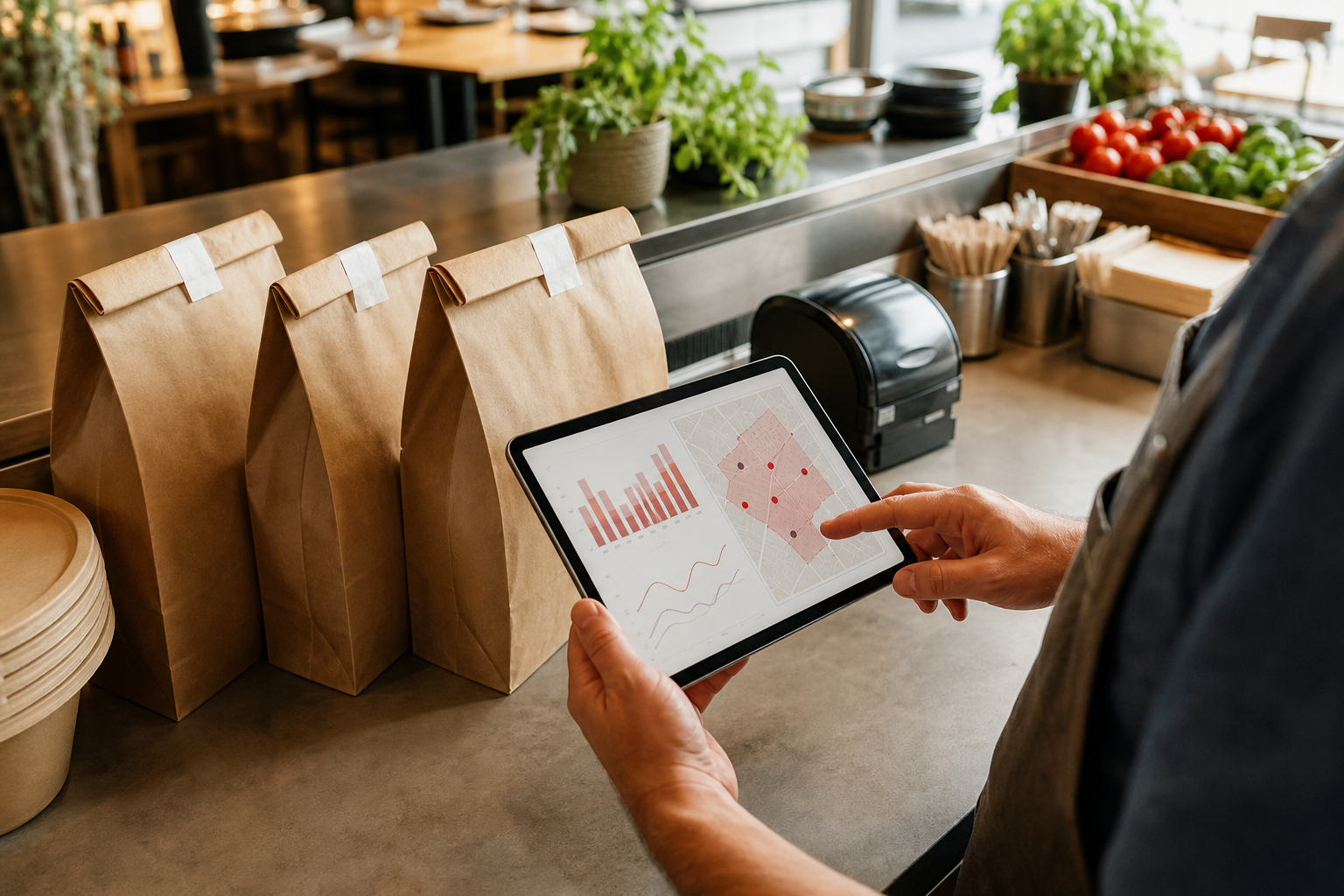 Warm editorial restaurant counter scene showing a manager comparing delivery costs on a tablet beside packed takeout bags and a compact delivery map.