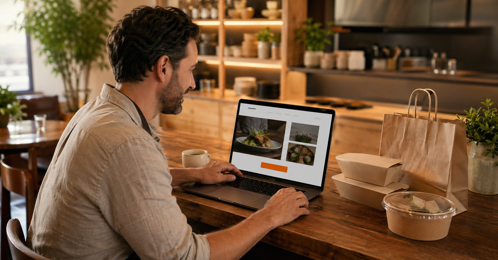 Warm editorial restaurant scene showing an owner reviewing a website with a prominent online ordering button on a laptop beside packaged takeout items.