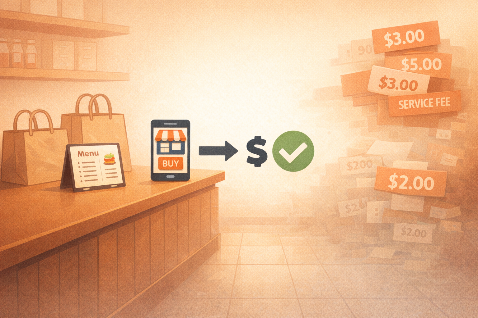 Editorial illustration showing a restaurant ordering counter, a simple phone order flow, and stacked marketplace fee cards.