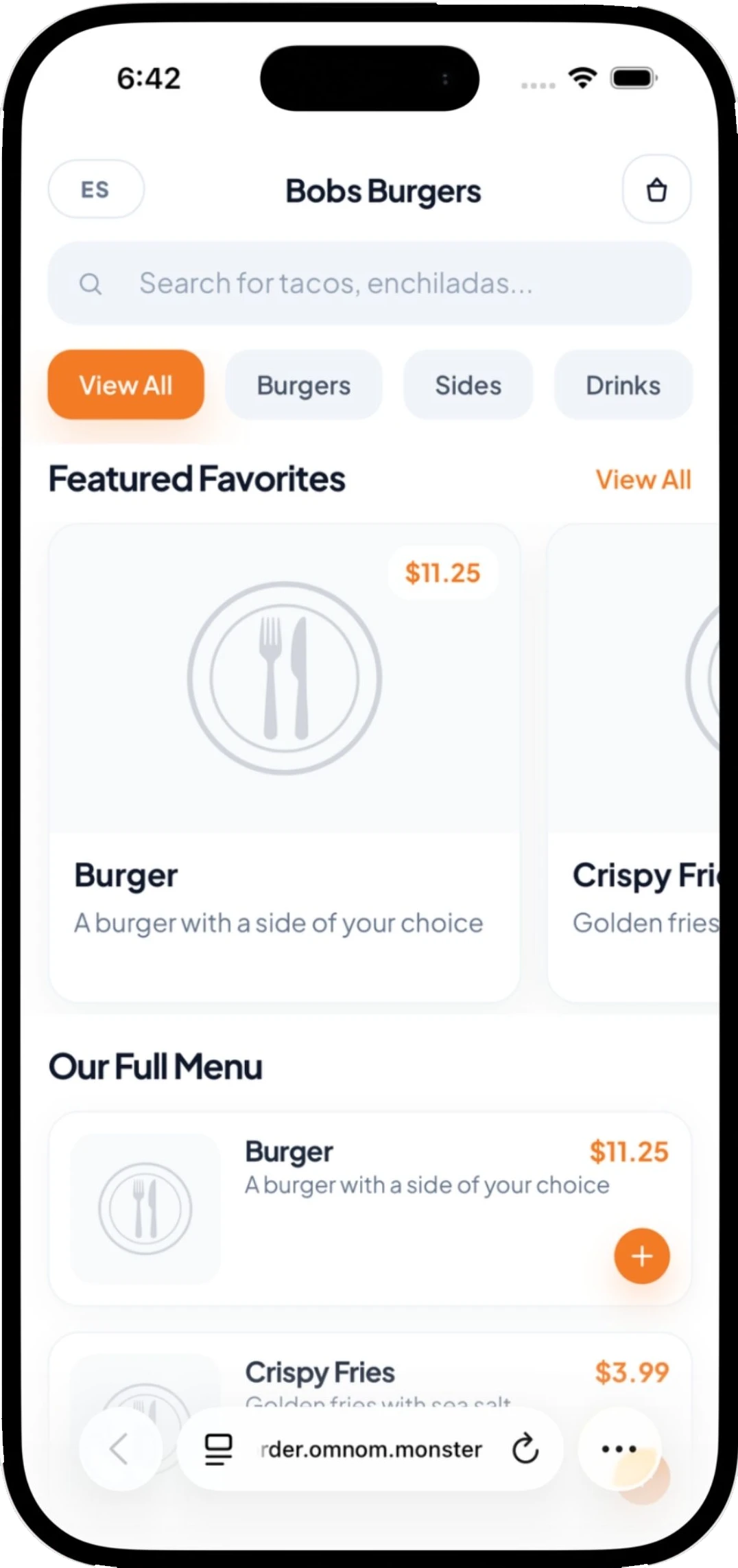 A customer ordering page in a mobile browser, showing menu categories, dishes, prices, and add-item buttons.
