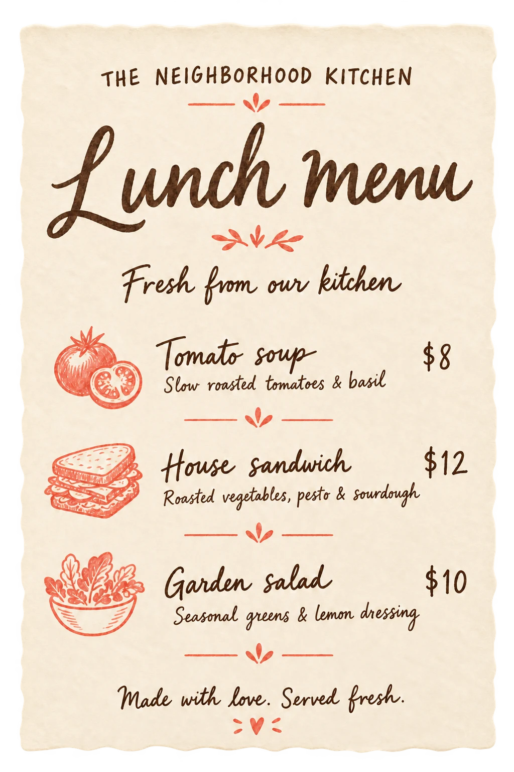 Handwritten lunch menu with tomato soup for $8, a house sandwich for $12, and a garden salad for $10.
