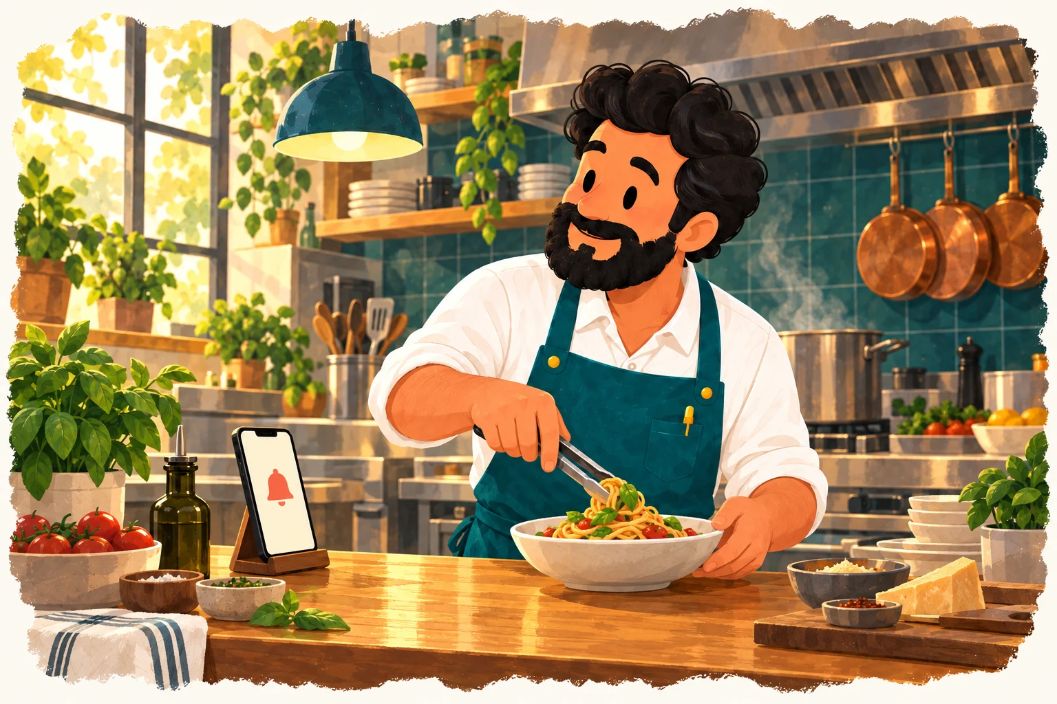 The owner preparing pasta in his restaurant kitchen notices an order alert on his phone.