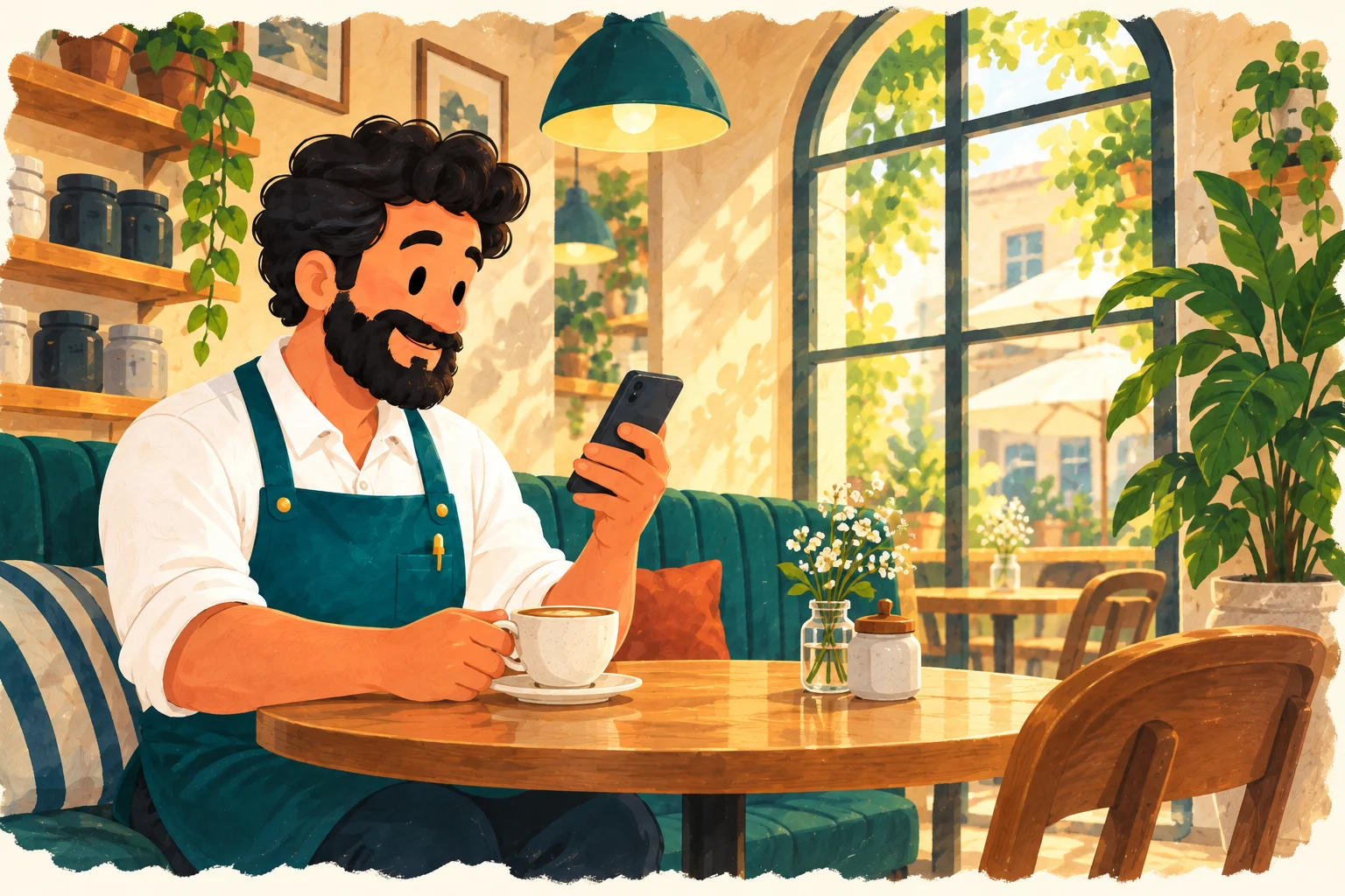 The restaurant owner sits by a sunny window, checking his phone over a cup of coffee.