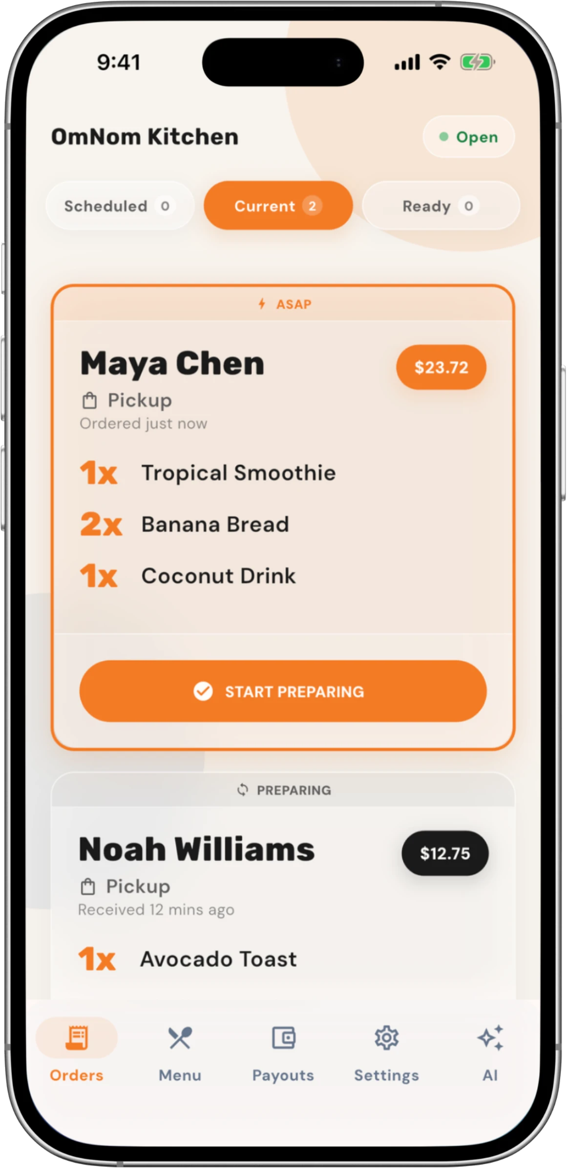 OmNom owner app showing pickup order details and the Start Preparing action.