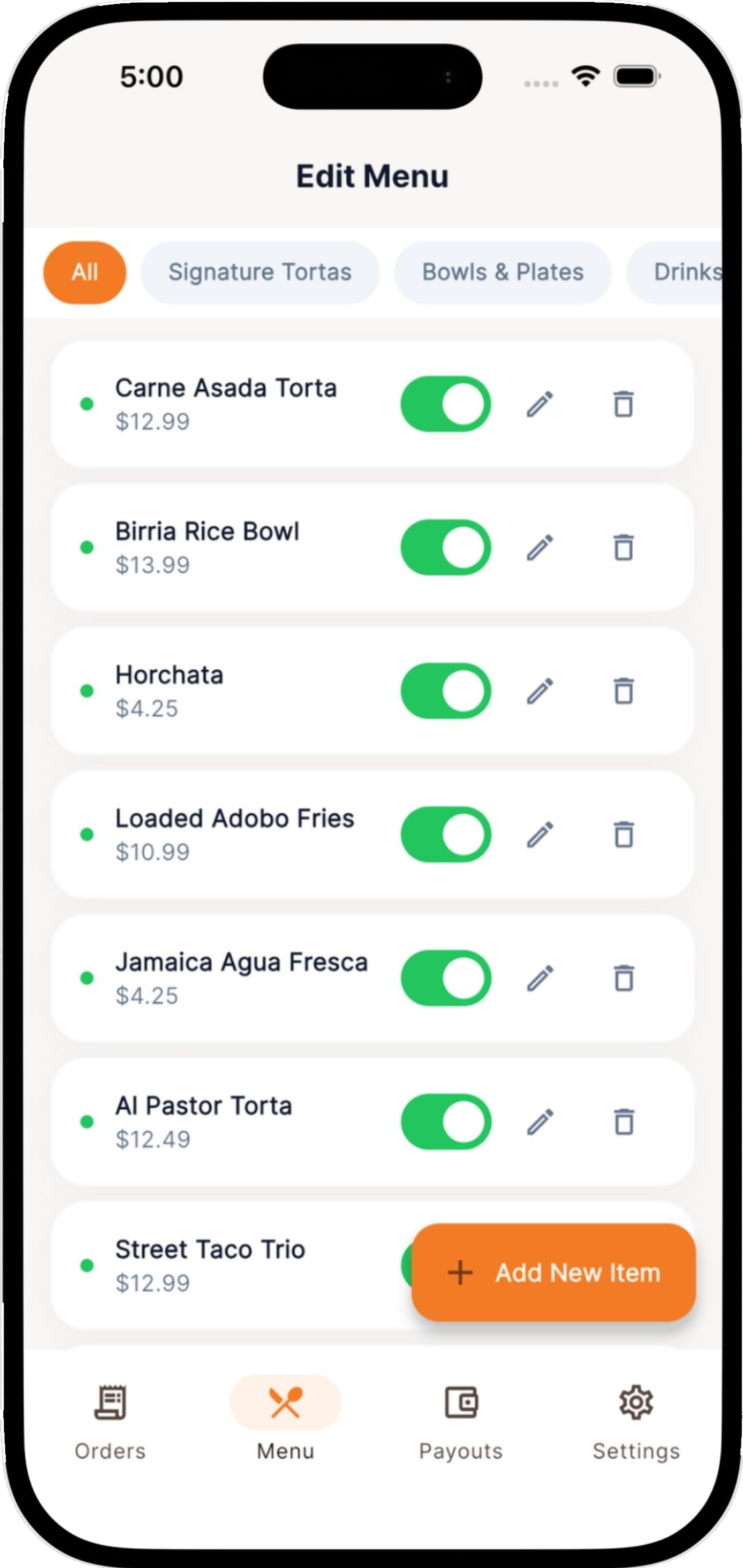 OmNom menu management screen