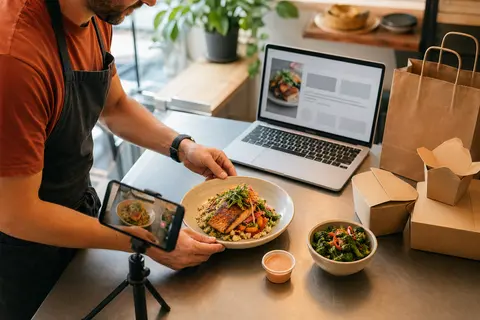 Warm editorial restaurant counter scene showing an operator photographing plated menu items beside takeout packaging and a laptop ordering page.