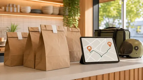 Warm editorial restaurant counter scene showing pickup bags beside a tablet with a simple delivery route map and insulated delivery gear.