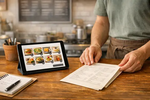 Warm editorial restaurant scene showing a clean direct ordering page beside a menu board and search notes.