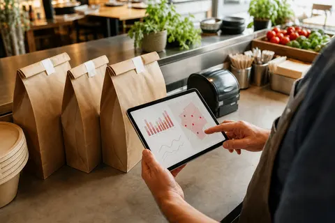 Warm editorial restaurant counter scene showing a manager comparing delivery costs on a tablet beside packed takeout bags and a compact delivery map.